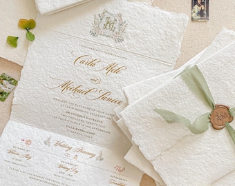 Wedding Invitation Sets Trifold | Handmade Paper Invitations | Custom Watercolor Monogram | Elegant Invitations | Contact for Quote |  Avani