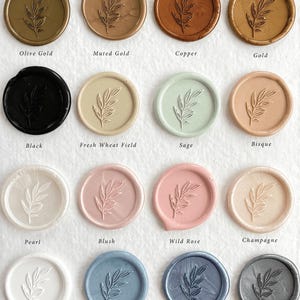 May include: A selection of wax seals in shades like olive gold, copper, and dusty blue. Each seal has a botanical design and is labelled with its colour name. The text "WAX SEALS Options" is at the top, and the brand name "KATTON&Eacute;" is at the bottom.