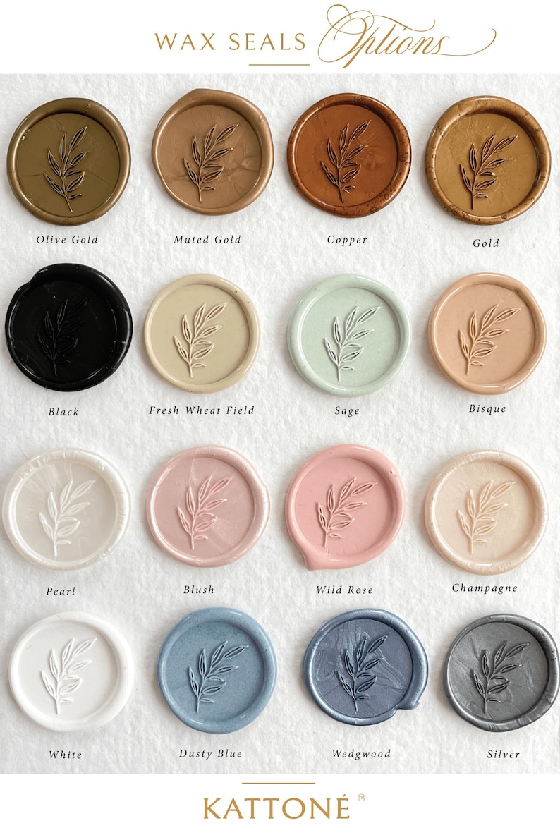 May include: A selection of wax seals in shades like olive gold, copper, and dusty blue. Each seal has a botanical design and is labelled with its colour name. The text "WAX SEALS Options" is at the top, and the brand name "KATTON&Eacute;" is at the bottom.