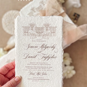 Saisha Handmade Wedding Invitations, Hand Drawn Wedding Venue, Cotton Paper Invitations, Deckled Edge Paper, Printed Invitations, DEPOSIT