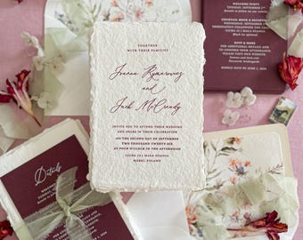 Handmade Deckle Edge Wedding Invitations | Burgundy Typography | Botanical Liner Fine Art Suite | Asteria