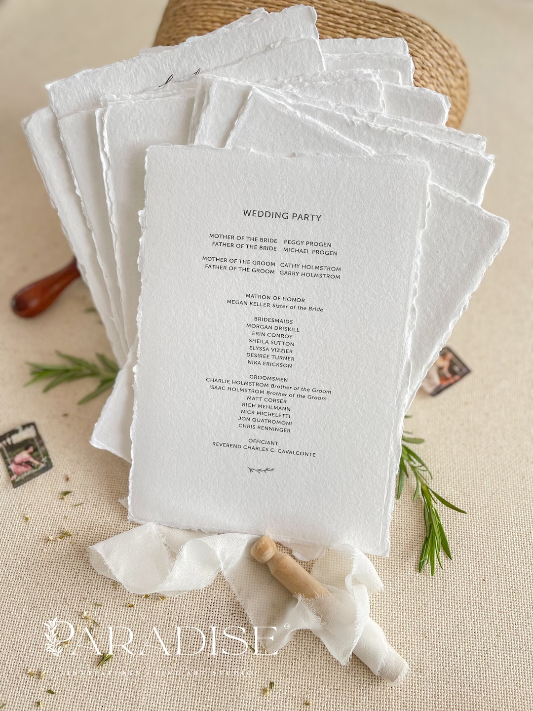 Devonne Wedding Program, Handmade Paper Wedding Programs, Deckled Edge