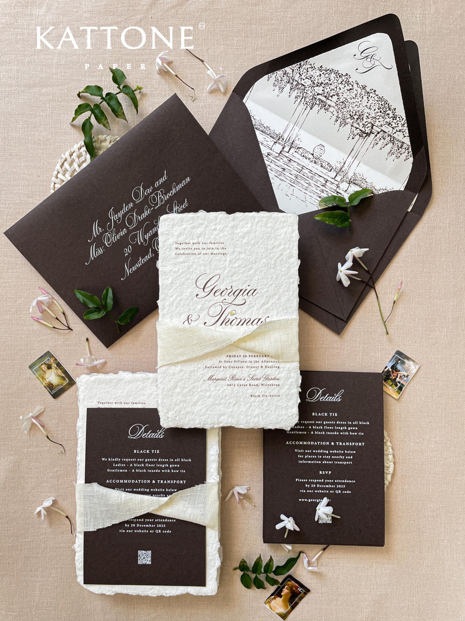 Handmade Chocolate Wedding Invitation Set | Deckled Edge Cotton Paper ...