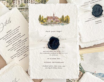 Handmade Wedding Program | Deckle Edge Paper | Watercolor Venue | Silk Ribbon | Weekend Itinerary | Lucrezia