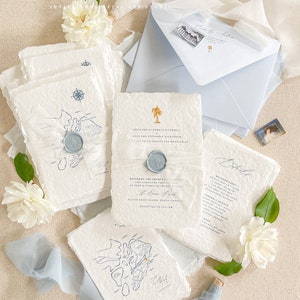 Ensemble de faire-part de mariage en papier fait main Blakely, illustration de carte personnalisée, faire-parts bord frangé, papier coton, faire-parts imprimés, DÉPT