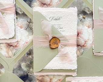 Floral Wedding Invitation | Colored Handmade Paper | Deckled Edge | Luxury Invitation Suite | Regina