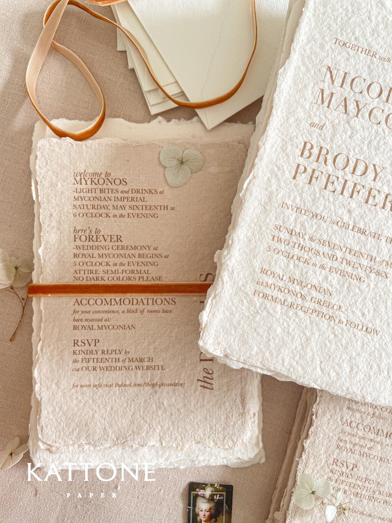 Wedding details and RSVP cards printed on textured handmade cotton paper with organic deckle edges as part of a fine art wedding invitation suite.