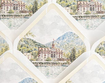 Custom Watercolor Envelope Liners | Ivory Wedding Envelopes | Mountain Lakeside Hotel Illustration | Luxury Destination Stationery