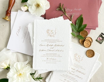 Elania Handmade Wedding Invitation Sets, Deckled Edge Paper Invitations, Cotton Paper Invitations, Monogram Invites, Wax Seals, DEPOSIT