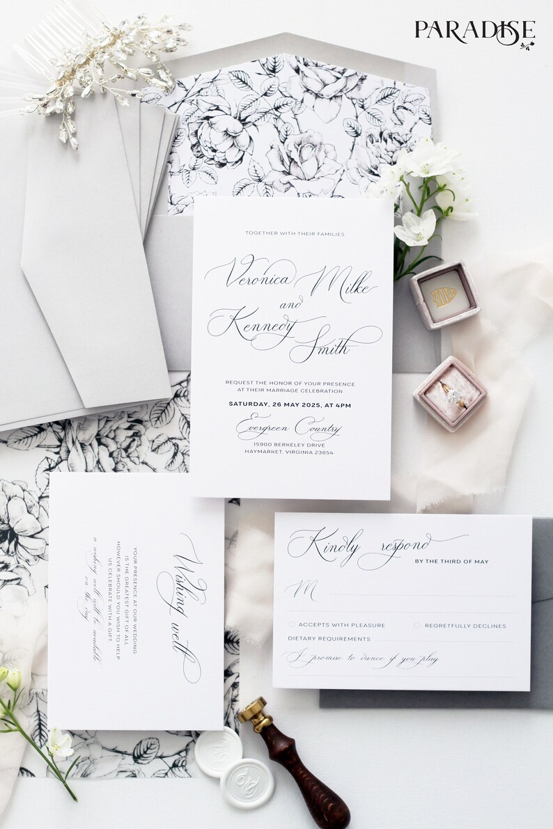 Save the Date Template or Printed Save the Date Cards Grey Metallics Rebecca Silver and Black Heart Save the Date Cards Wedding Stationery