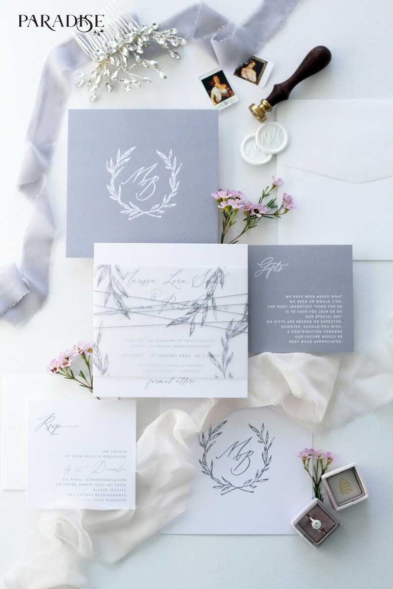 Modern Calligraphy Invitations Bertille Square Wedding Invitation Sets Wedding Stationery Silver and white Custom Invites