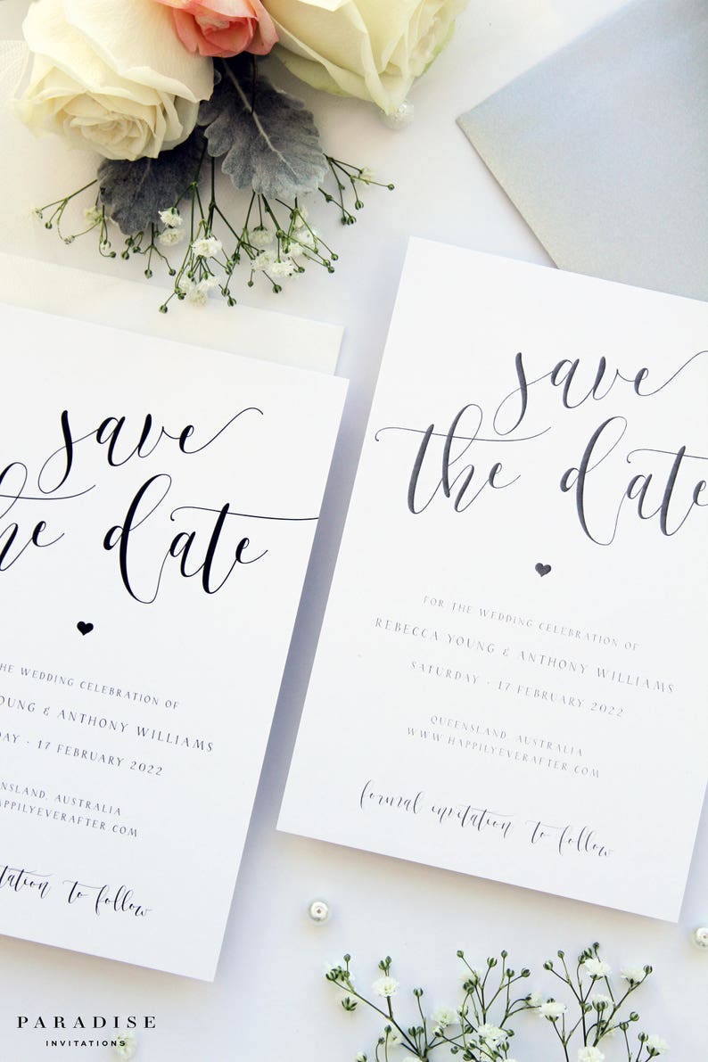 Save the Date Template or Printed Save the Date Cards Grey Metallics Rebecca Silver and Black Heart Save the Date Cards Wedding Stationery