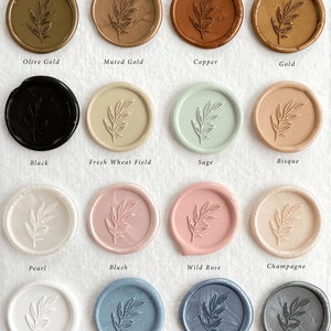 May include: A collection of 16 wax seals in various colors, including gold, silver, black, white, sage, blush, and copper. Each seal features a delicate leaf design.
