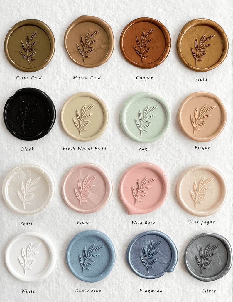 May include: A collection of 16 wax seals in various colors, including gold, silver, black, white, sage, blush, and copper. Each seal features a delicate leaf design.