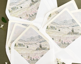 Custom Watercolor Landscape Envelope Liners | White Envelopes | Wedding Stationery Fine Art | Please contact for a quote