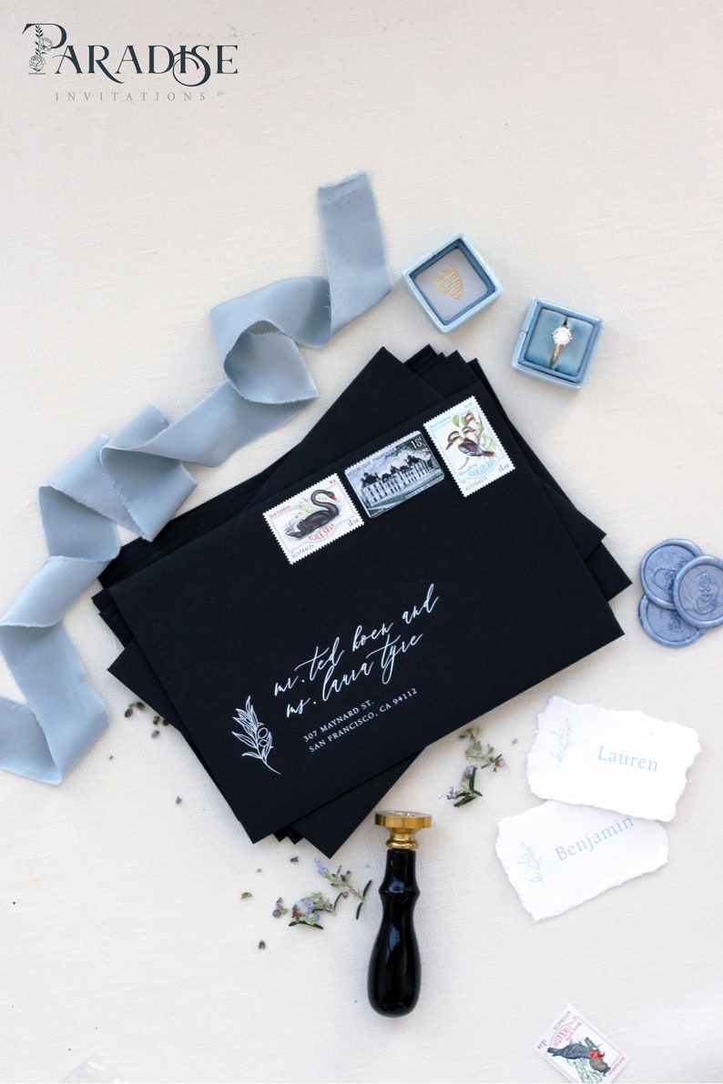 5x7 High Quality Envelopes Front only Olive Branch Black Envelopes White Ink Address Printing pack of x50 size 130x190