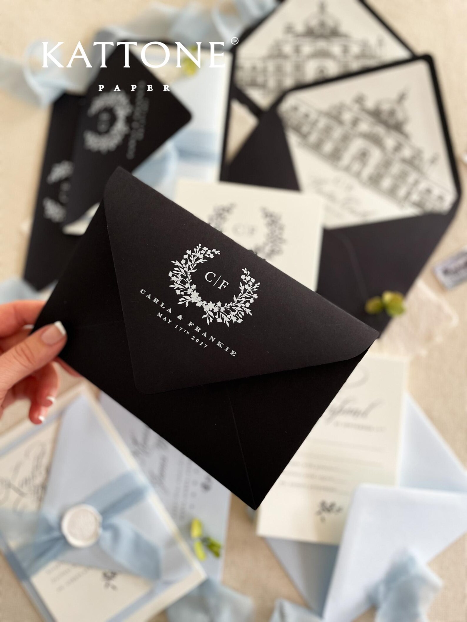 Black Envelopes and White Ink Printing, Custom Venue Illustration ...