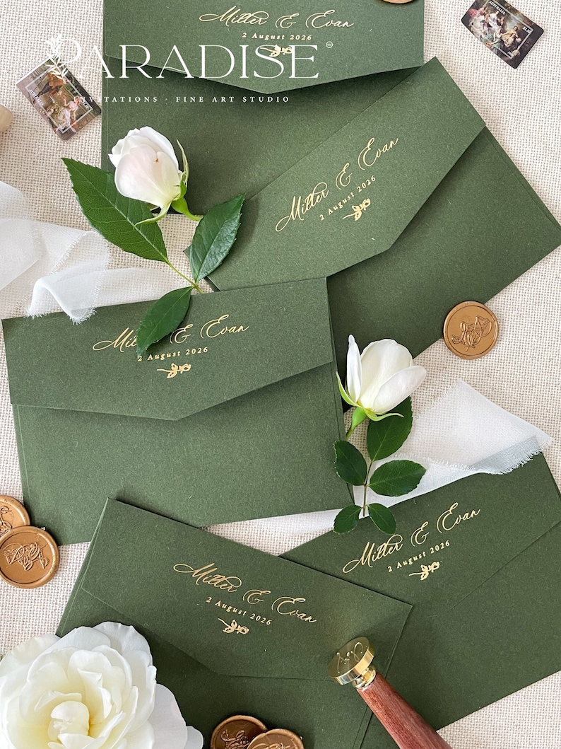 Real Gold Foil Printing on Forest Green Envelopes, Wedding Stationery, Invitation Stationery, PLEASE CONTACT us before purchasing image 1