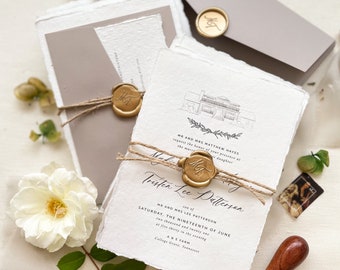 Ramona Handmade Paper Wedding Invitations, Wax Seals, Envelopes, Deckled Edge Paper Cards, Handmade Paper Invitations, Deposit