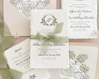 Handmade Paper Wedding Invitation | Venue Illustration | Monogram Crest | Sage Silk Ribbon | Bonnie