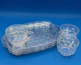 Federal Carnival snack and cup set, clear iridescent glass, set of 3