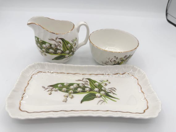 Vintage Ridgway Potteries Royal Adderly Fine Bone China England, Lily of the Valley creamer, sugar bowl, and tray set.