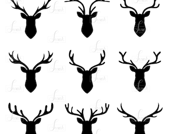 Deer head set, Antlers clip art, Deer silhouettes vector, Deer collection, graphic design, Files : Eps.10 | Png