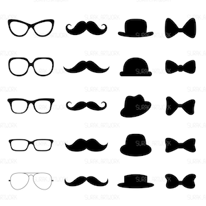 Puede incluir: Cinco conjuntos de ilustraciones en blanco y negro de un par de gafas, un bigote, un bombín y una pajarita.