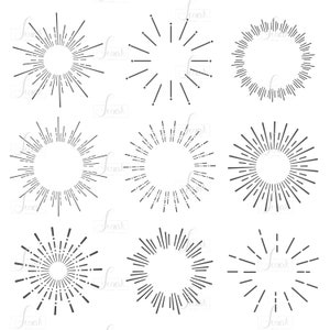May include: Set of nine black and white sunburst designs. Each design features a circle with radiating lines.