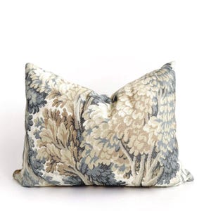 May include: A decorative throw pillow with a floral pattern in shades of beige, gray, and brown. The pillow features a repeating pattern of stylized trees and leaves.