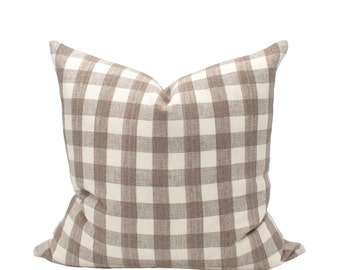 Taupe Checkered Toss Pillow Decorative Cushion Cover Plaid Linen Throw Pillow Modern Farmhouse Decor Tan Brown Light Academia Gingham Pillow