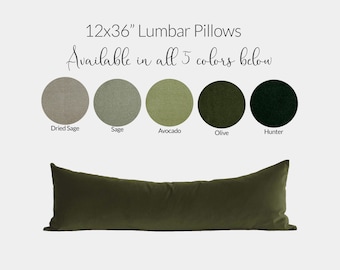 Green Lumbar Pillow Covers 12x36 Combo Insert Option Choose From 5 Shades of Green Body Pillow Case Velvet Throw Cushion Cases