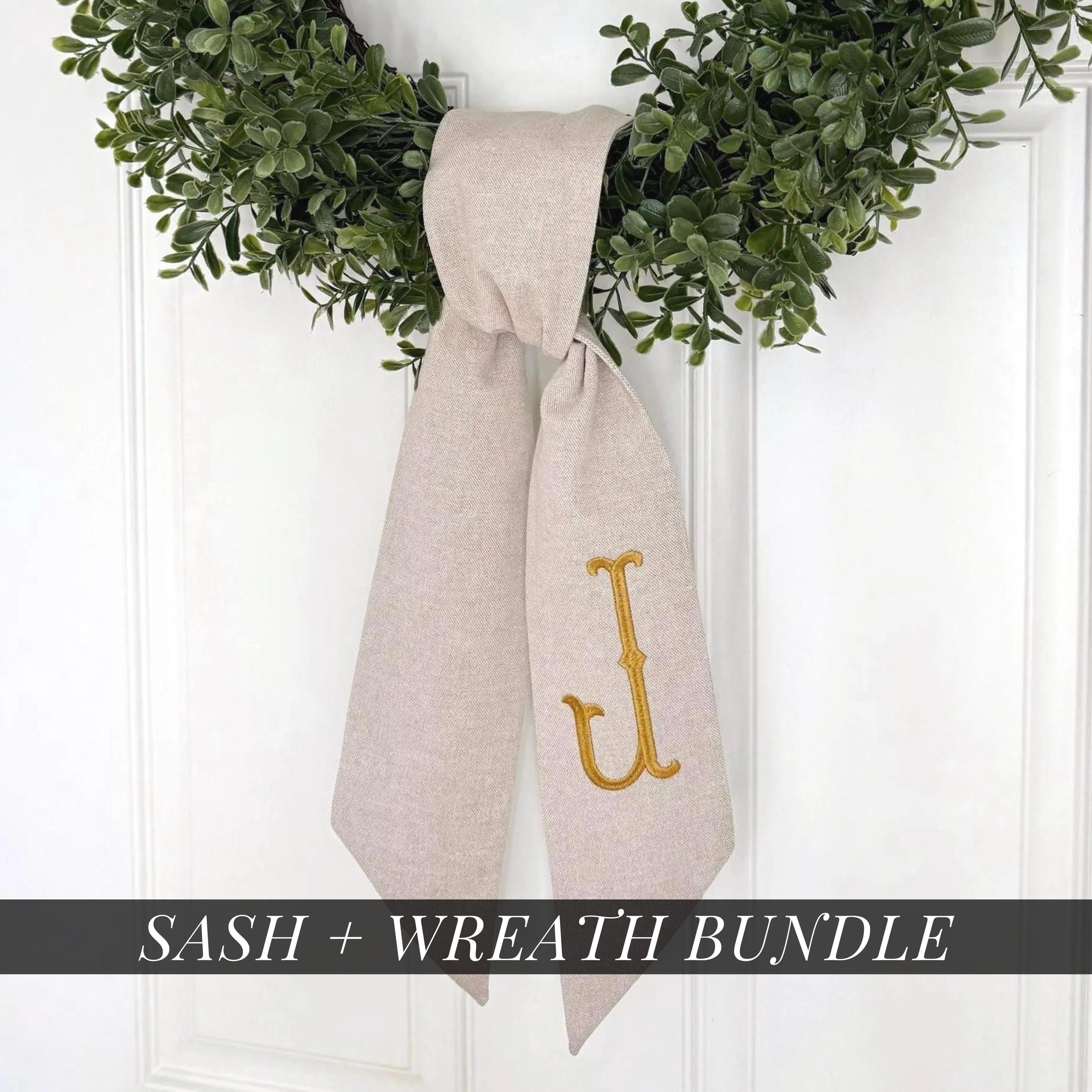 Monogrammed Wreath Sash with Faux Boxwood Wreath Personalized Front Door Bow Custom Embroidered Seasonal Scarf Home Decor Wedding Gift Idea