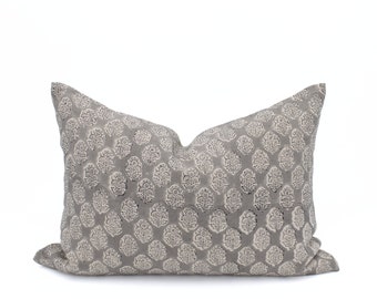 Taupe Gray Linen Floral Neutral Pillow Cover Hand Block Print Trendy Home Decor