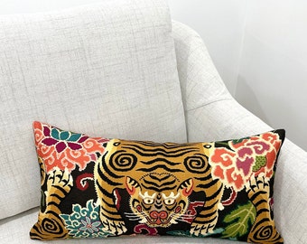 Chinoiserie Lumbar Pillow Cover Black Gold Oriental Style Tiger Print Cushion Accent Throw Pillowcase Colorful Eclectic Porch Bench Decor