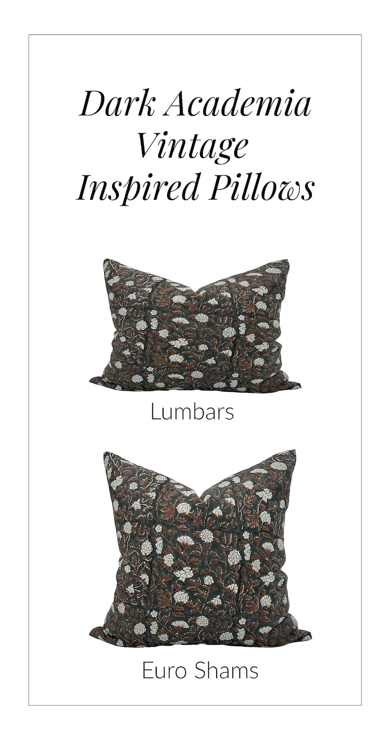 Floral Block Print Throw Pillow Cover Euro Sham Dark Charcoal Moody Bedroom Decor Small Cushion Floral Couch Pillow Combo Maximalist Home image 9