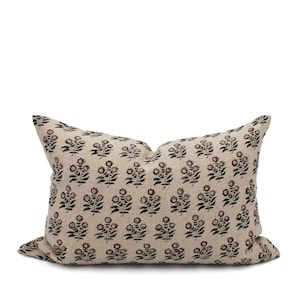 Light Brown Floral Hand Block Print Pillow Cover Natural Linen Neutral Lumbar Pillow Case Tan BlockPrint Handmade Gift for the Home
