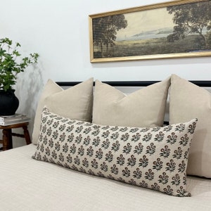 Block Print Lumbar Pillow Moody Bedroom Decorative Throw Pillow Maximalist Neutral Cushion Floral Hand Block-print Long Pillowcase Bed Decor