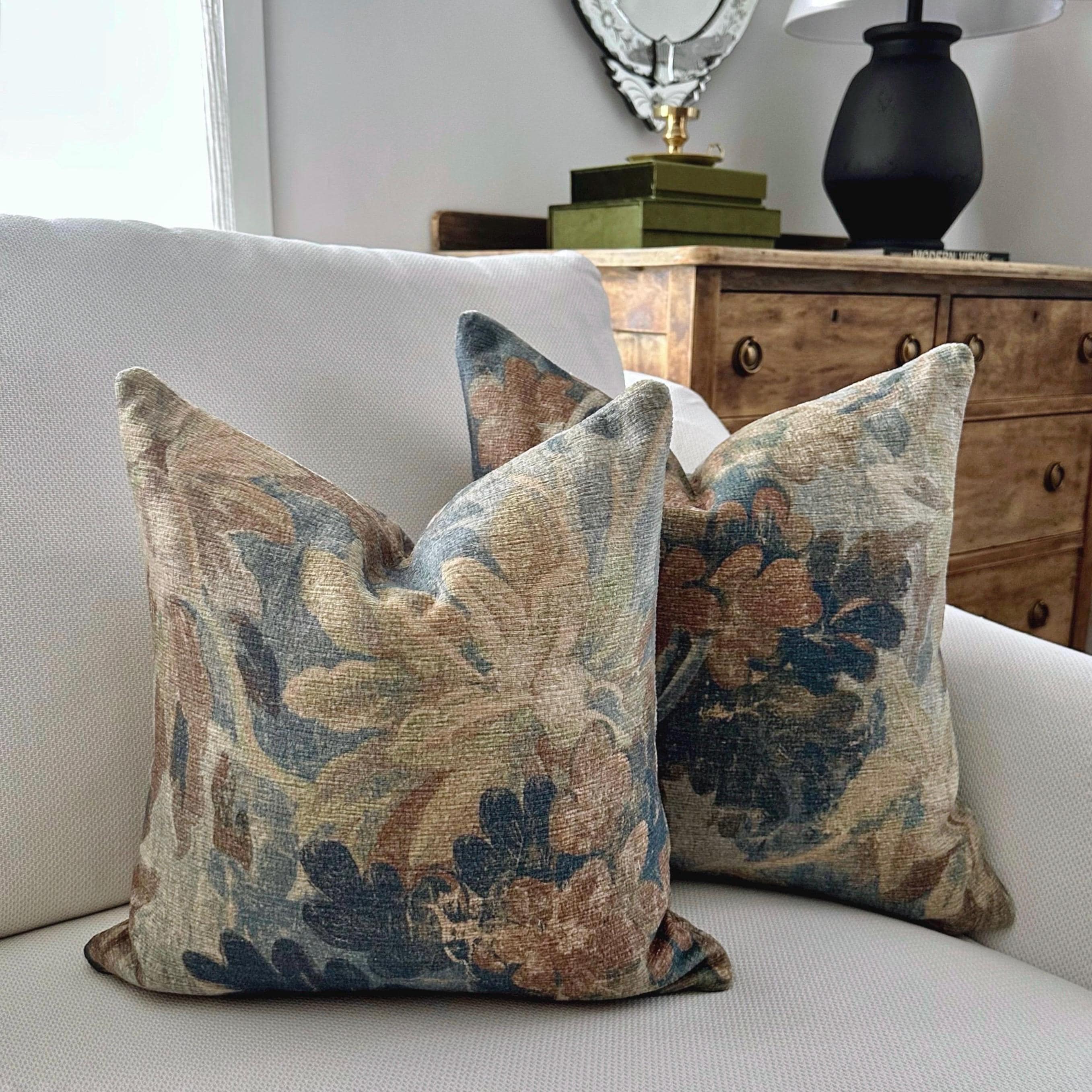 Mocha Pattern Designer Pillow Chenille Texture Throw Cushion Cover Rustic Blue Decor Vintage Style Moody Housewarming Gift Idea for New Home