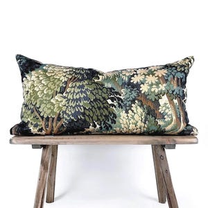 Lumbar Throw Pillow Cover Forest Green Tapestry Cushion Woodland Decorative Sofa Accent Vintage Style Tree Design Woven Gobelin Fabric Decor