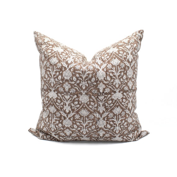 Blockprint Lumbar Pillow Light Brown Flower Vine Lumbar Pillow Cover Hand Block Print Cushion Tan Botanical Pillow Cover Floral Print Decor
