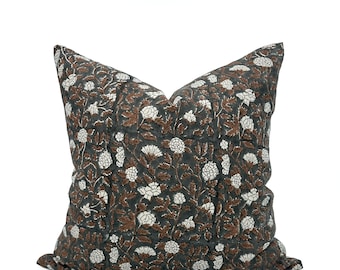 Floral Block Print Throw Pillow Cover Insert Combo Euro Sham Charcoal Bedroom Moody Decor Small Cushion Dark Floral Pillow Maximalist Home