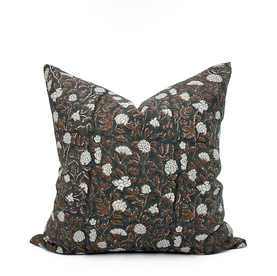 Floral Block Print Throw Pillow Cover Euro Sham Dark Charcoal Moody Bedroom Decor Small Cushion Floral Couch Pillow Combo Maximalist Home