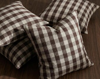 Brown Gingham Pillow Chocolate Brown Checkered Pillow Coffee Plaid Cushion Linen Throw Pillow Cover Trendy Apartment Neutral Dark Lumbar