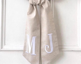 Custom Monogram Door Scarf with Faux Boxwood Wreath Personalized Bridal Shower Gift Sash Embroidered Initial Housewarming Decor for Entryway