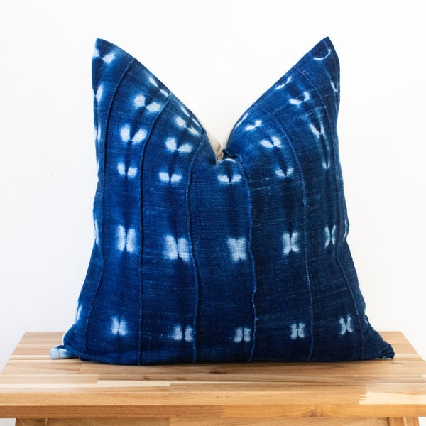 Deep Indigo Square Throw Pillow Cover 20x20 Navy Blue Handmade Cushion Boho Pillow Cover Tribal Decor Authentic African Hand Dyed Home Decor