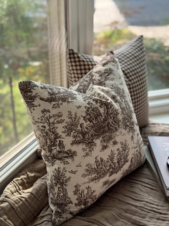 Brown Toile Pillow Cover Pastoral Print Handmade Cushion Accent Decor Throw  Pillow Neutral Country French Style Cushion Vintage Inspired