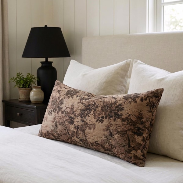Dark Brown Tapestry Pillow Cover Jacquard Foliage Leaf Pattern Woven Cushion Medieval Rustic Accent for Sofa Couch or Bed Housewarming Gift