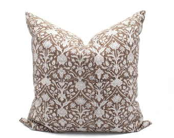 Taupe Hand block Print Floral Pillow Covers Neutral Feminine Home Decor Cotton Linen Throw Pillow Covers