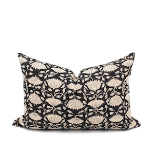 Vintage Inspired Floral Black Block Print Lumbar Linen Pillow Cover Dark Trendy Flower Pattern Accent Toss Cushion Warm Black Throw Pillow